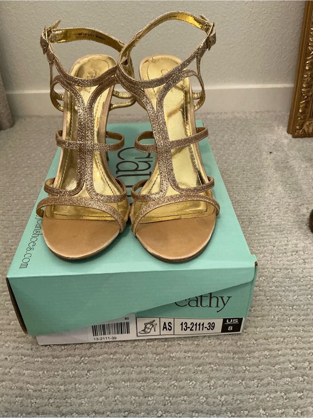 Sparkling Gold T-Strap Heeled Sandals - Women's
